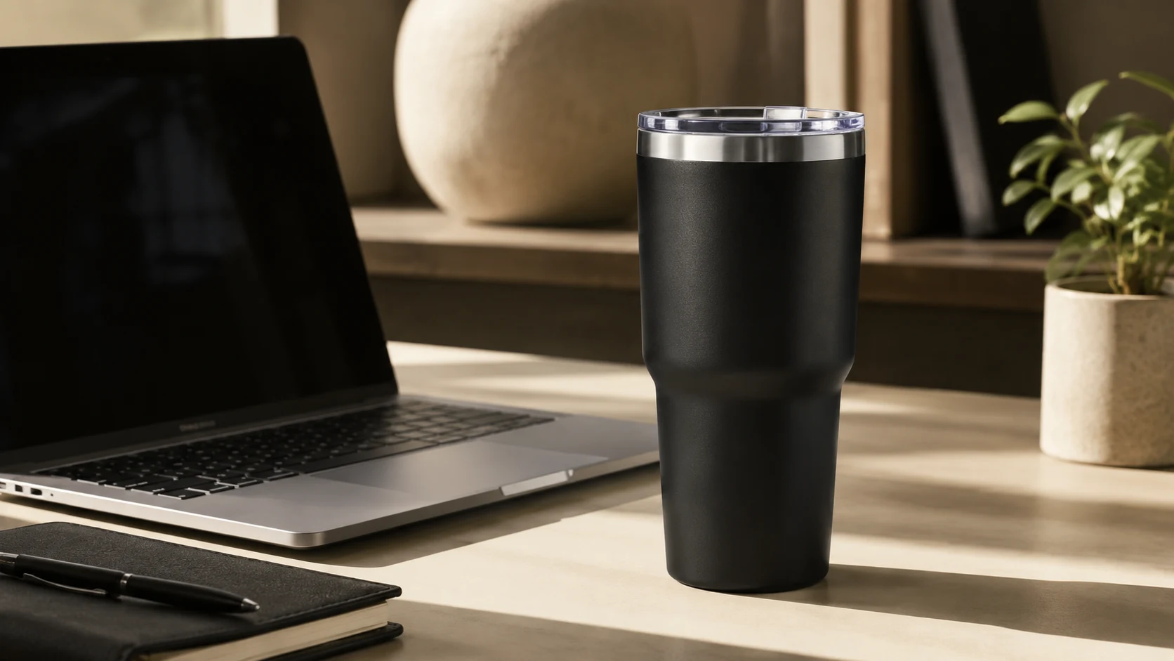 Hydrova tumbler hitam di meja kerja premium